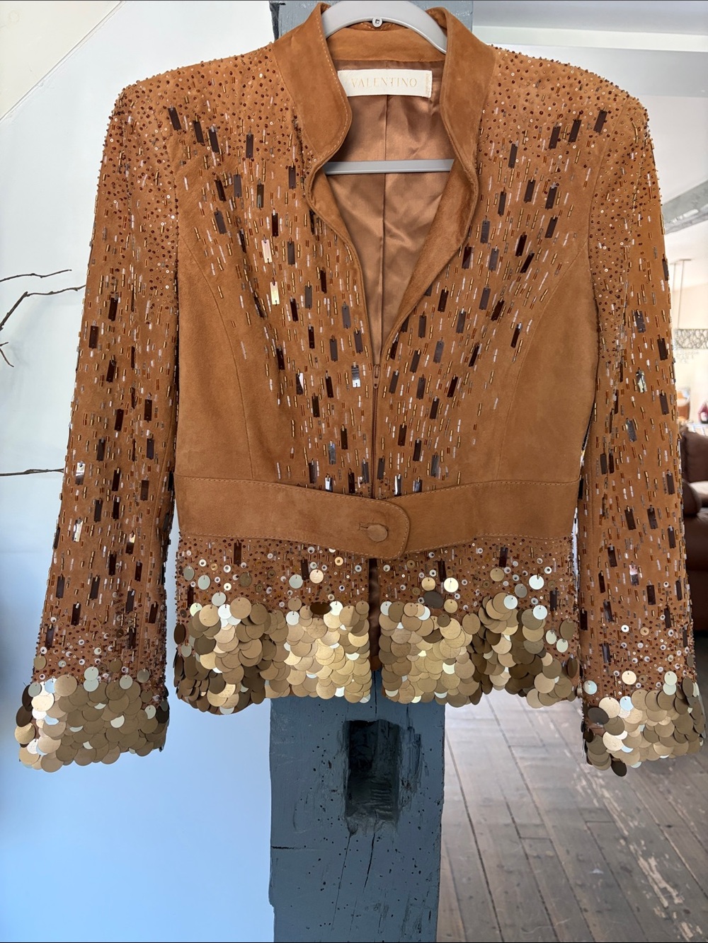 Valentino Sequined Suede Jacket in Camel Brown with Gold Accents